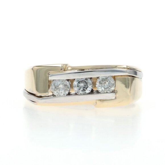 Yellow Gold Diamond Men's Wedding Band - 14k Round .60ctw Three-Stone Ring - Picture 1 of 7